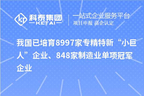 我國已培育8997家專精特新“小巨人”企業(yè)、848家制造業(yè)單項冠軍企業(yè)