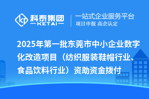 2025年第一批東莞市中小企業(yè)數(shù)字化改造項(xiàng)目（紡織服裝鞋帽行業(yè)、食品飲料行業(yè)）資助資金撥付